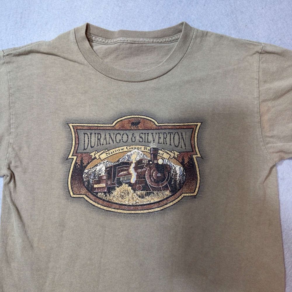 Durango & Silverton Narrow Gauge Railroad Graphic T-Shirt Tan Mens Small‎